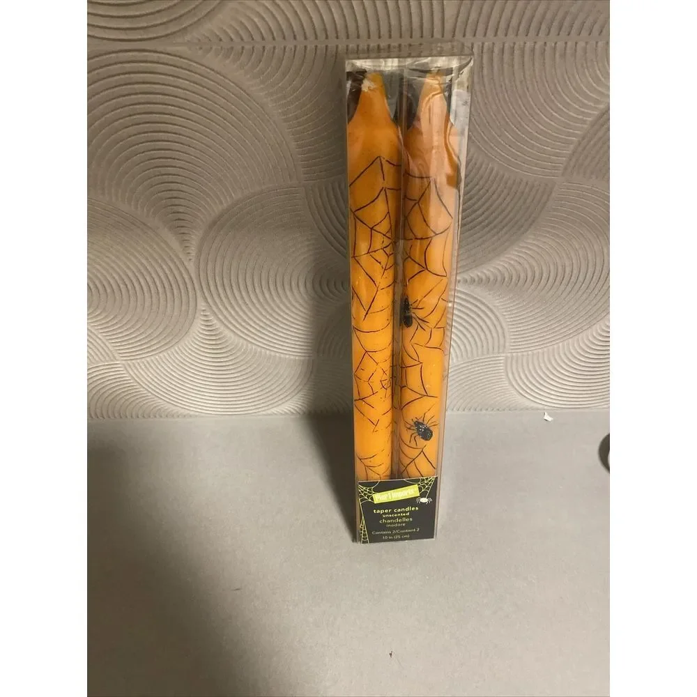 Pier 1 Halloween Spider Web Taper Candles Orange‎ And Black 10 In.